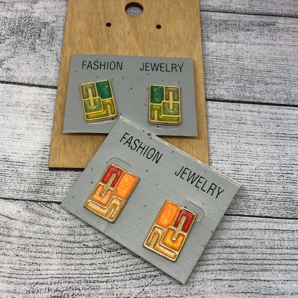 New old stock retro vintage clip on earrings statement modernist abstract enamel